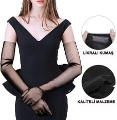 Uzun Boy Likralı Siyah Yetişkin Mega Tül Eldiven