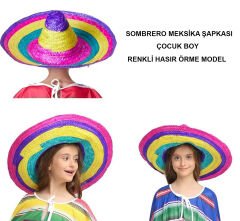 Sombrero Meksika Şapkası Renkli Örme Hasır Çocuk Boy