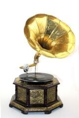 Ahşap Sekizgen Gramofon Taş  Plak Çalar Metal Kaplamalı