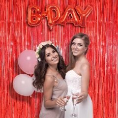 Ekstra Metalize Parlak Saçaklı Arka Fon Perde Kırmızı