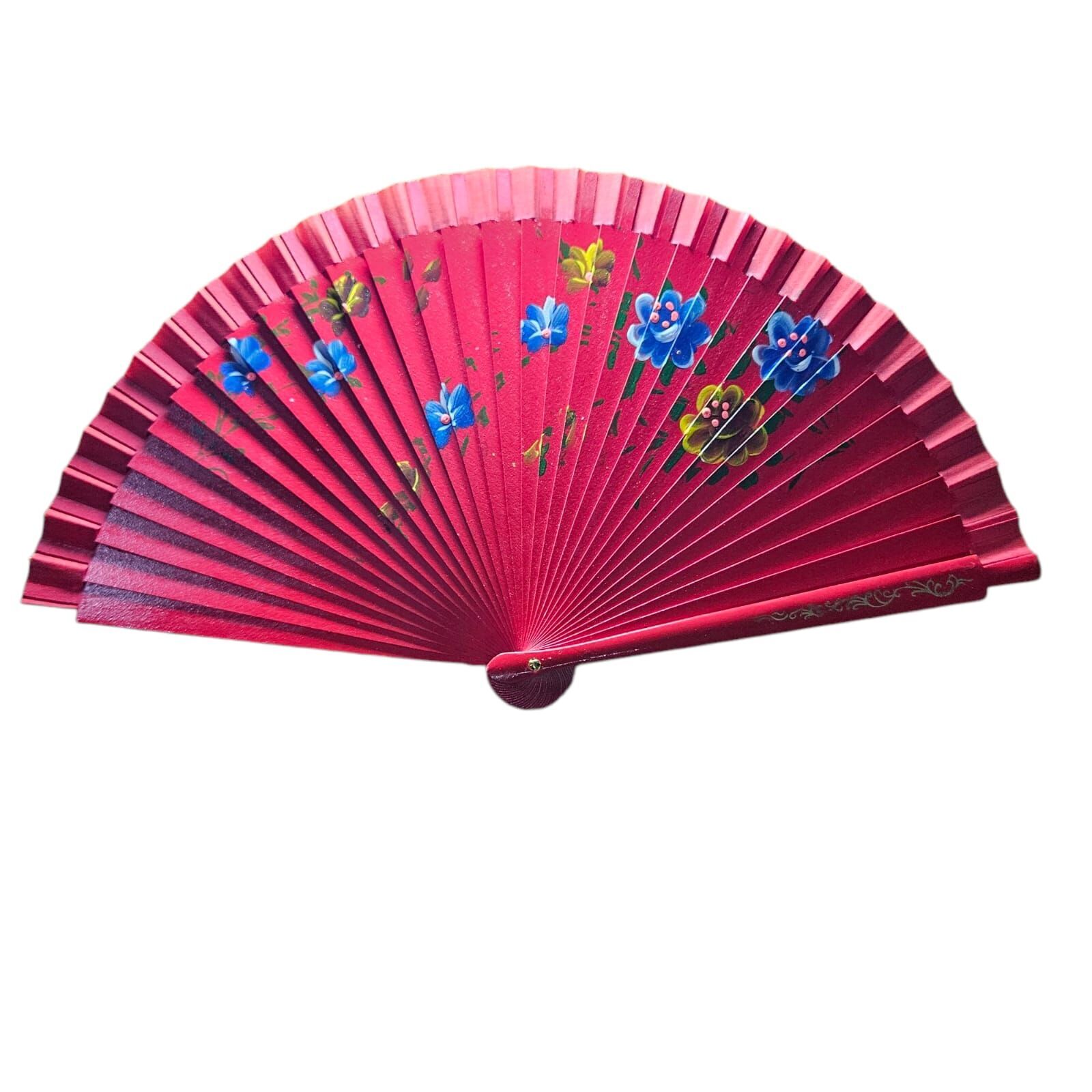 Yelpaze Bambu Çift Taraflı Çiçekli El Boyama Kırmızı