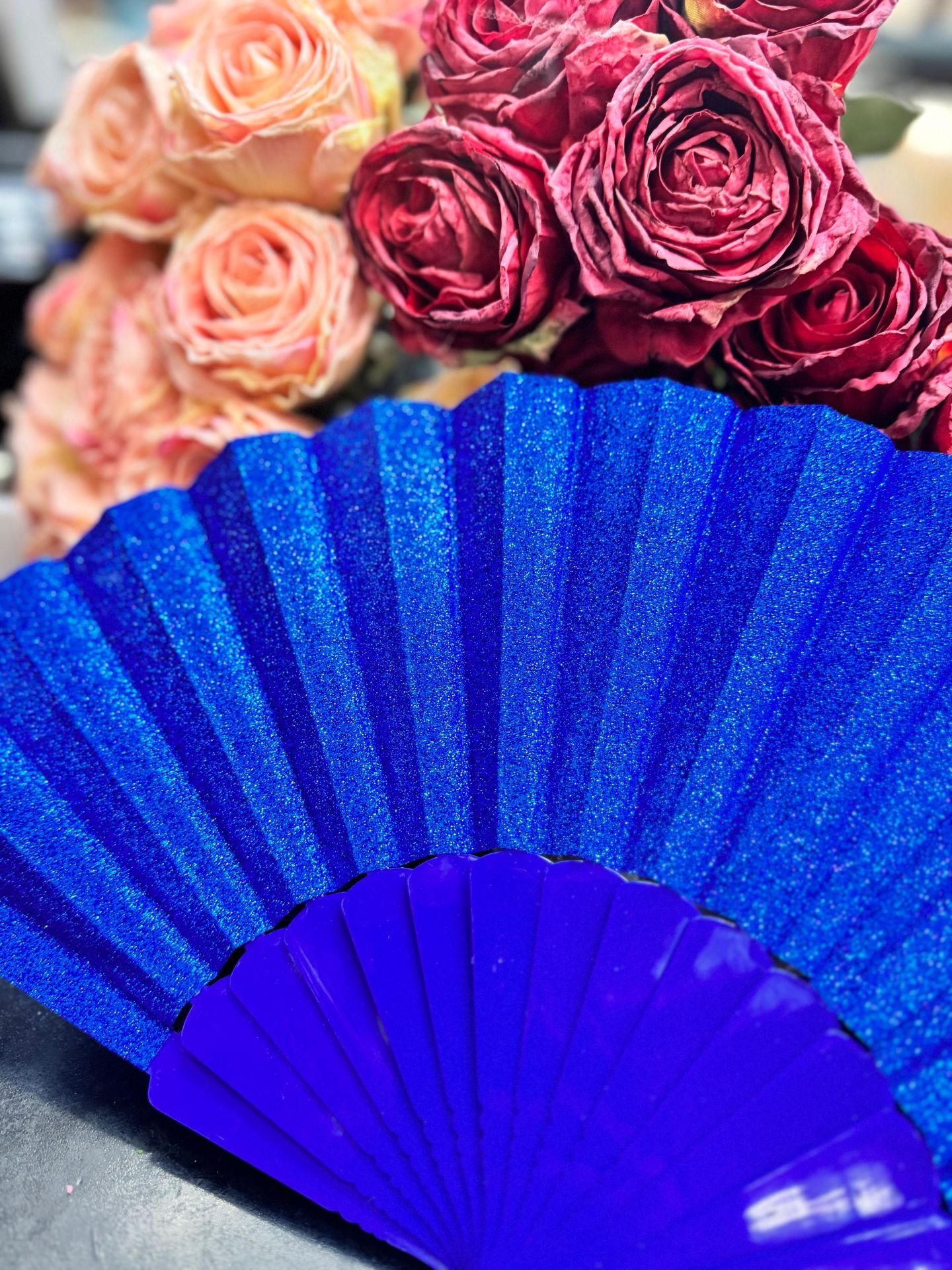 Plastik Yelpaze Simli Mavi