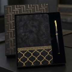 Gold Desen Siyah Deri Defter Kalem Set