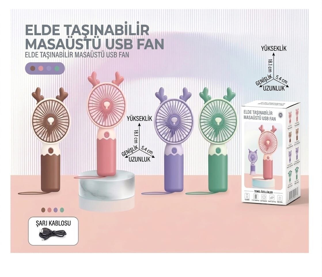 Taşınabilir Şarjlı El Fanı 3 Kademeli Asma Aparatlı