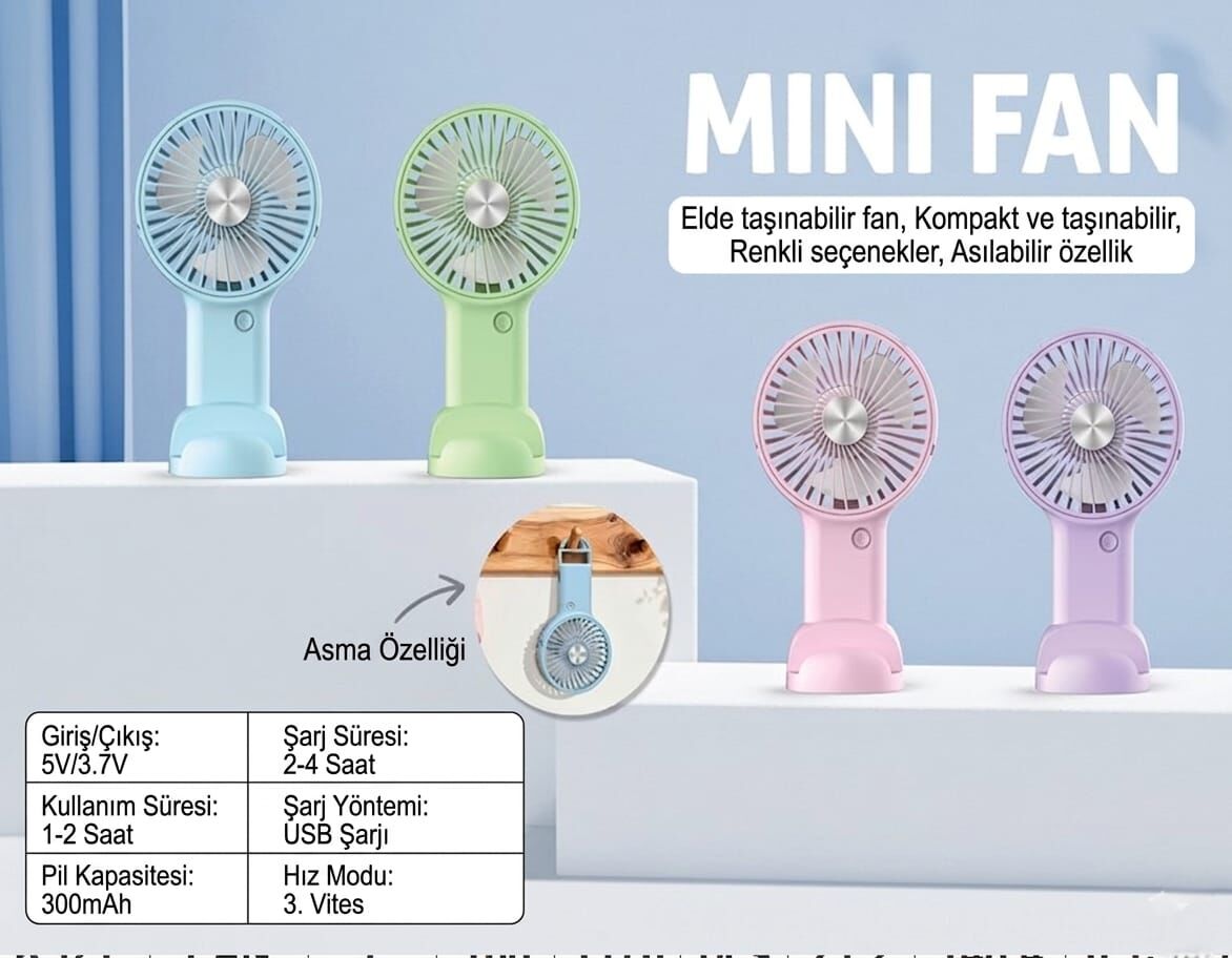 Taşınabilir Şarjlı El Fanı 3 Kademeli Asmalı Masa Üstü Telefon Tutmalı