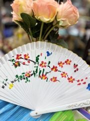 Yelpaze Bambu Çift Taraflı Çiçekli El Boyama Beyaz