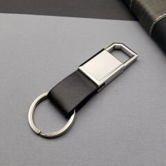 Deri Siyah Gümüş Metal Anahtarlık