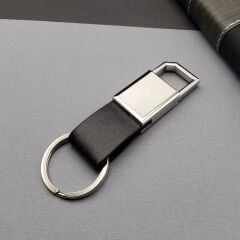 Deri Siyah Gümüş Metal Anahtarlık