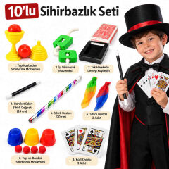 10 Parçalı Çocuk Sihirbazlık Seti – Sihirli Değnek, Baston ve Sihir Oyunları