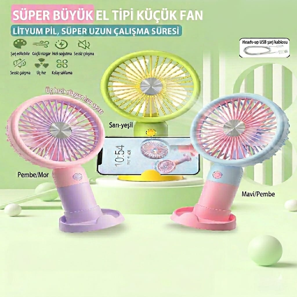 Taşınabilir Şarjlı El Fanı 3 Kademeli Masa Üstü Telefon Tutmalı