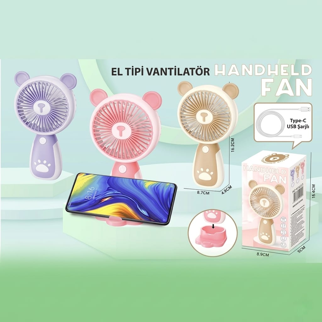 Taşınabilir Şarjlı El Fanı Masa Üstü Telefon Tutmalı