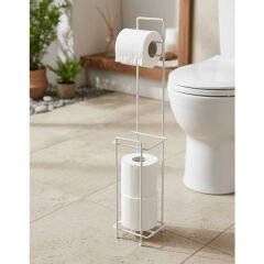 Beyaz Standlı Yedek Hazneli Tuvalet Kağıtlığı