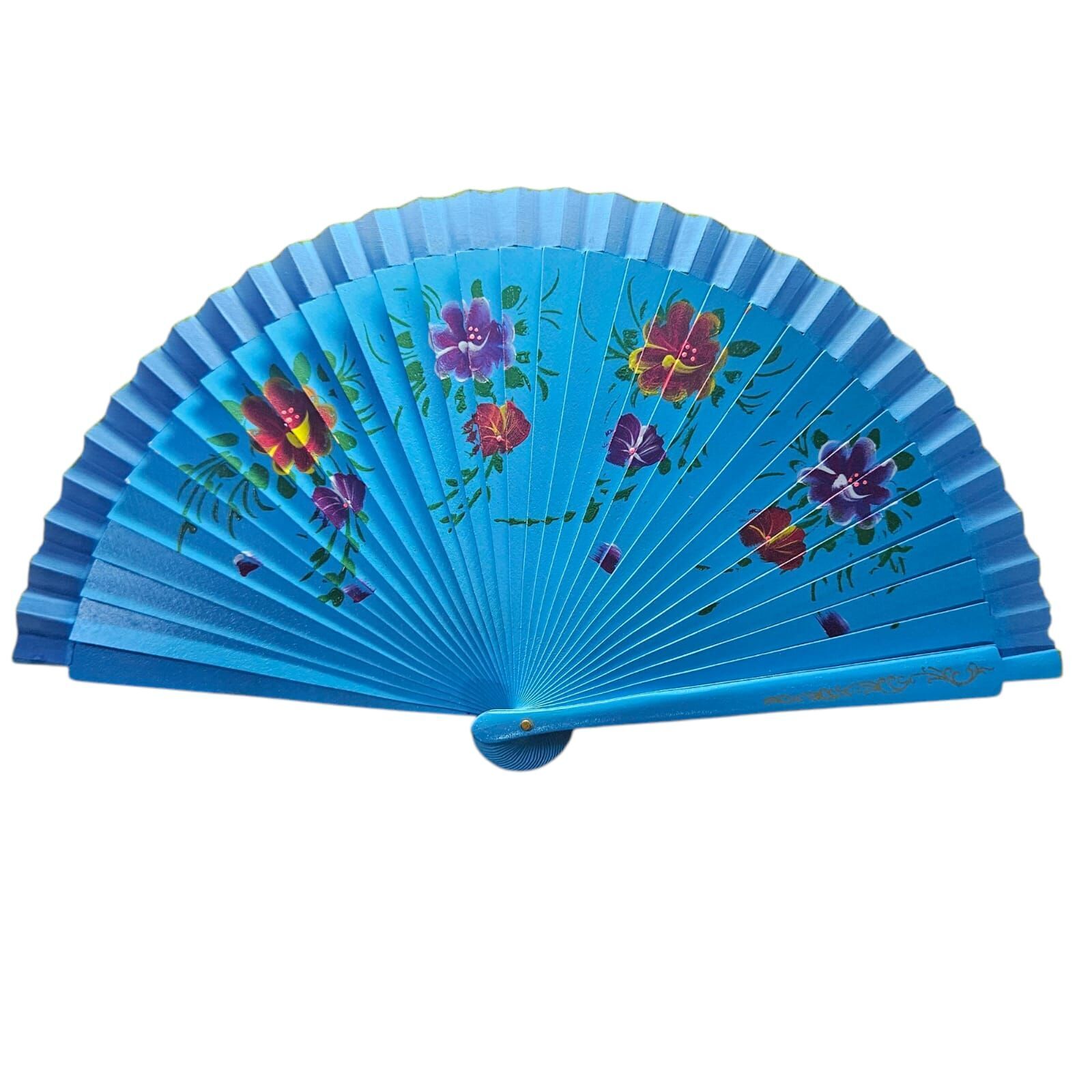 Yelpaze Bambu Çift Taraflı Çiçekli El Boyama Mavi