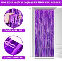 Ekstra Metalize Saçaklı Arka Fon Perde Mor