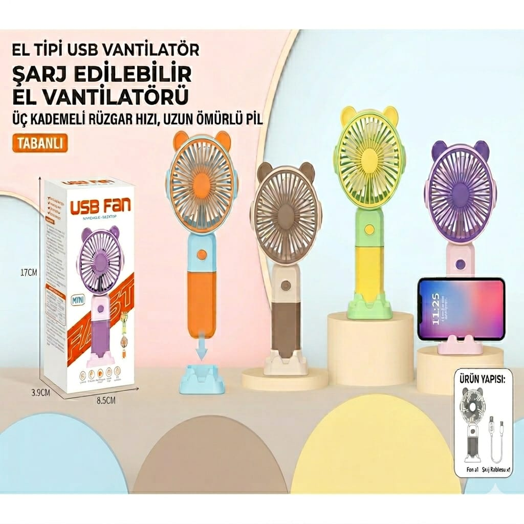 Taşınabilir Şarjlı El Fanı 3 Kademeli Masa Üstü Telefon Tutmalı