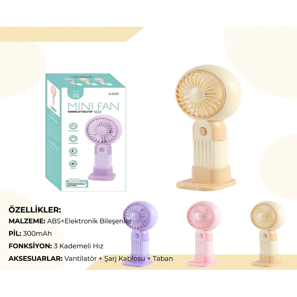 Taşınabilir Şarjlı El Fanı 3 Kademeli Masa Üstü Telefon Tutmalı