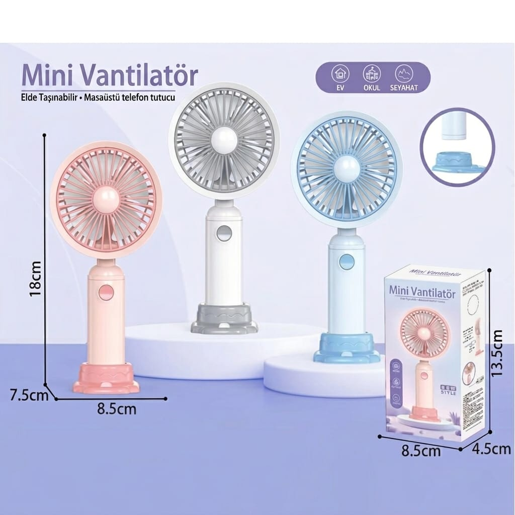 Taşınabilir Şarjlı El Fanı Masa Üstü Telefon Tutmalı