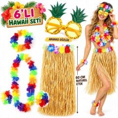Hawaii Parti Kostüm Seti - 60 cm Hasır Etek, Çiçekli Aksesuarlar ve Ananas Gözlük