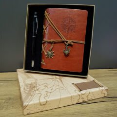 Kahverengi Pusula Tasarım Deri Defter Ve Siyah Kalem Seti