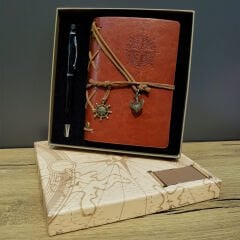 Kahverengi Pusula Tasarım Deri Defter Ve Siyah Kalem Seti