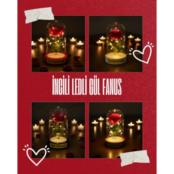 İncili Ledli Gül Fanus