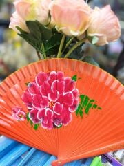 Yelpaze Bambu Çift Taraflı Çiçekli El Boyama Turuncu