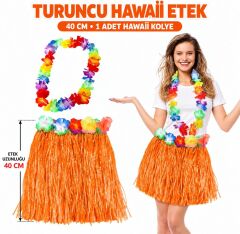 Hawaii Luau Aloha Turuncu Püsküllü 40 cm Etek ve Hawaii Kolye Seti