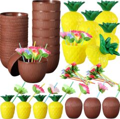 Ananas & Hindistan Cevizi Tasarımlı Pipetli Bardak Seti (6 Adet)