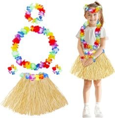 Yetişkin Çocuk Hawaii Parti Seti - 40 cm Naturel Etek + Çiçek Aksesuarlar (5 Parça)