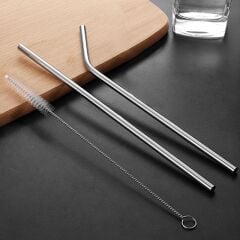 Ekstra Uzun Paslanmaz Çelik Pipet Seti – 3 Parça (Eğri + Düz + Fırça)